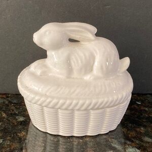 White Rabbit On Top of Small Trinket Box/Candy Dish/Perfect For Spring & Easter!